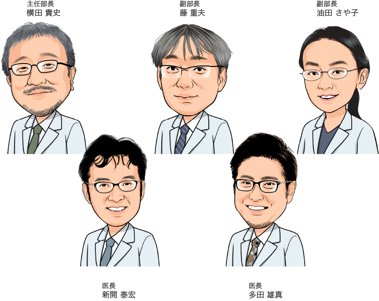 主任部長 横田 貴史/副部長 藤 重夫/副部長 油田 さや子/医長 新開 泰宏/医長 多田 雄真